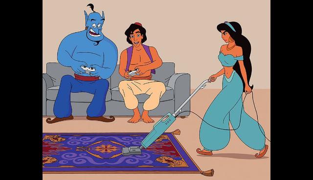 El Genio y Aladdin jugando videojuegos mientras Jazmin limpia a la alfombra mágica.  (Foto: Instagram)