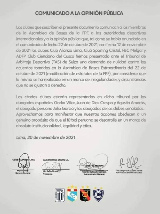 Alianza Lima, Sporting Cristal, FBC Melgar, Cienciano y su demanda presentada ante el TAS.