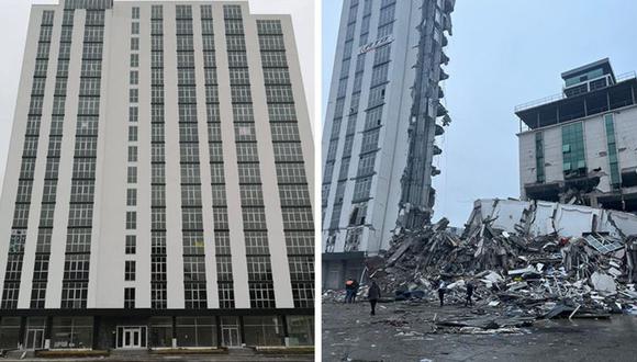 Antes y después: un bloque de apartamentos de reciente construcción en Iskanderun, Turquía.
