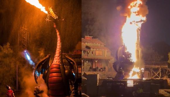 La atracción 'Fantasmic!' se incendió en la Islar de Tom Sawyer en Disney de Anaheim, California, el 23 de abril de 2023. (Captura de Twitter @Ms_ JessicaT)