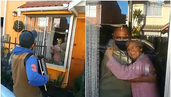 Todos los días, Gonzalo Acuña llega hasta la casa de sus padres con su acordeón para entretenerlos durante lo que dura la cuarentena. La pareja agradece el gesto bailando y poniendo una gran sonrisa en sus rostros. (Fotos: Captura)