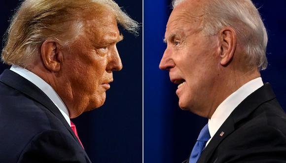 Esta combinación de imágenes creada el 22 de octubre de 2020 muestra al presidente estadounidense Donald Trump y al candidato presidencial demócrata y exvicepresidente estadounidense Joe Biden durante el debate presidencial final en la Universidad de Belmont en Nashville, Tennessee, el 22 de octubre de 2020 (Fotos de Morry GASH y JIM WATSON / AFP).