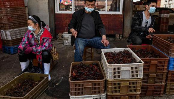 Personas venden animales en el mercado mojado de Wuhan, identificado como el lugar donde se registraron los primeros casos de covid. (AFP)