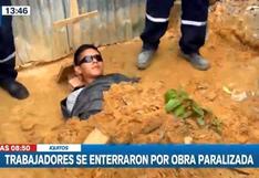 Iquitos: trabajadores de construcción civil se entierran como protesta ante paralización de una obra