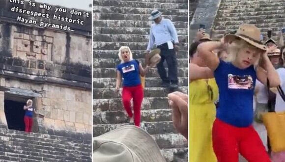 En esta imagen se aprecia a la ‘Lady Chichén Itzá’, la turista que subió a pirámide y casi linchan. (Foto: @davenewworld_2 y @yucatanahora / Twitter)