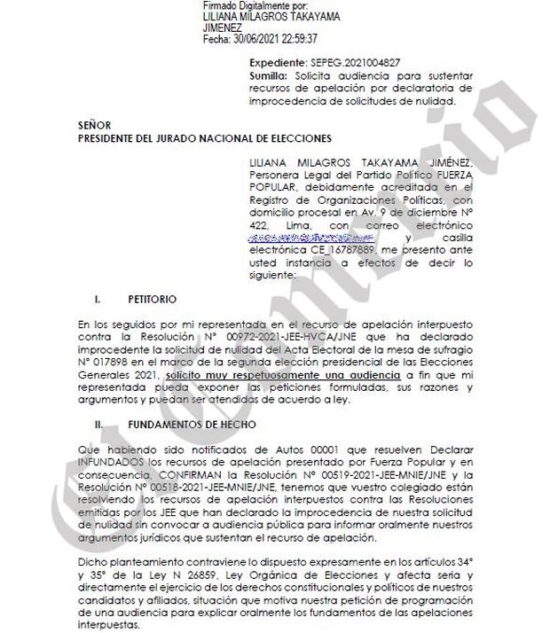 Uno de los pedidos de Fuerza Popular para que el JNE convoque a audiencia pública en torno a apelaciones sobre solicitudes de nulidad presentadas fuera de plazo y sin el pago de la tasa. (Captura: JNE)