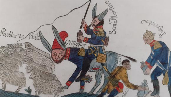 San Martín arrea a los pueblos de Chile (1818).  Junto al libertador, el caricaturista incluye a próceres O'Higgins, Torre Tagle y Pueyrredón. (FOTO: Ramón Mujica)