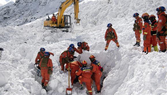 En esta foto publicada por la Agencia de Noticias Xinhua, los rescatistas buscan sobrevivientes luego de una avalancha en Nyingchi, región autónoma del Tíbet, en el suroeste de China.