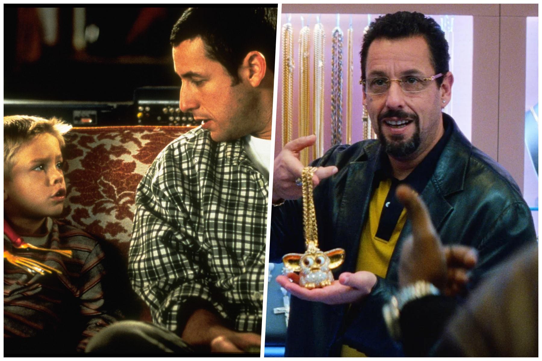 A la izquierda Adam Sandler en "Un papá genial" (1999), tal vez su película más famosa. A la derecha en "Uncut Gems" (2019), la cinta por la que el actor esperaba ser nominado al Oscar. Fotos: Difusión.