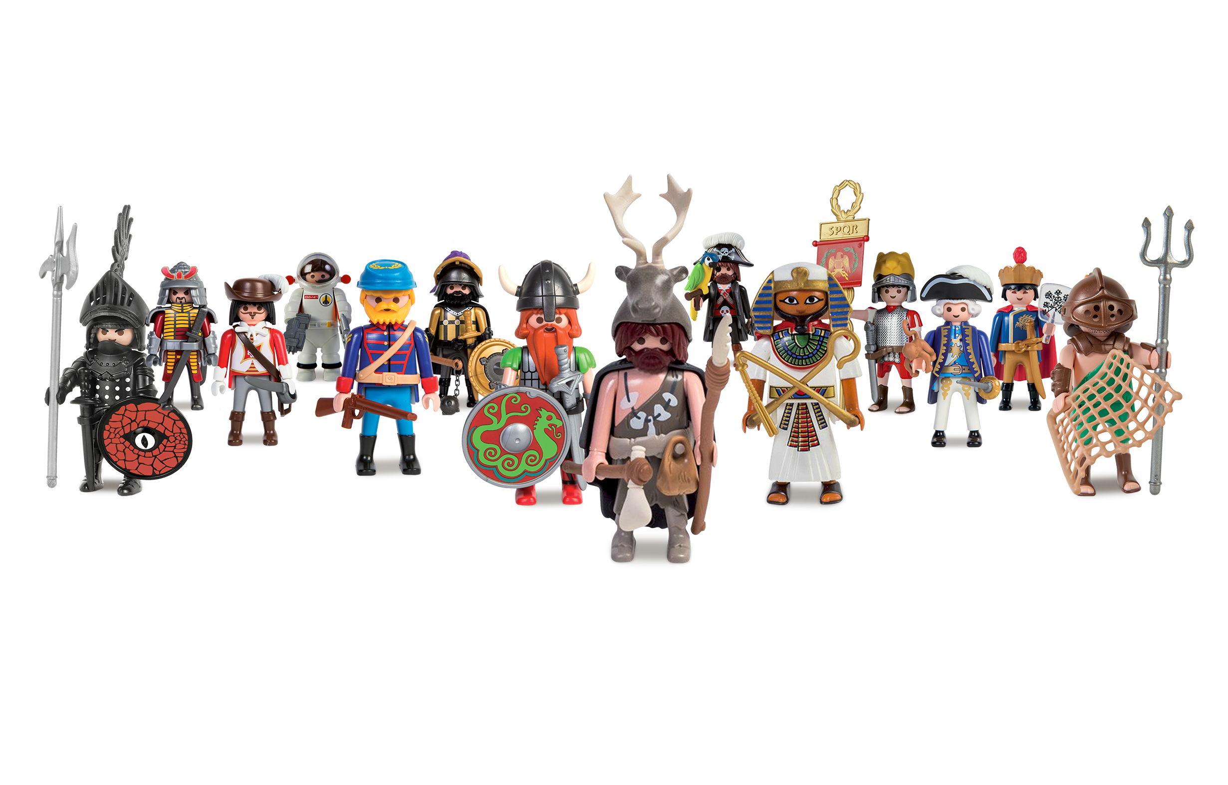 cada una de las 14 figuras representa a un personaje histórico y tiene el ameno sello Playmobil.