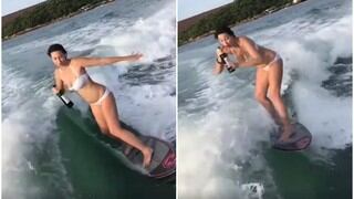 Esquiadora se vuelve viral tras hacer impensada maniobra para evitar que su bebida caiga al agua