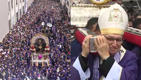 Monseñor Carlos Castillo cargó anda del Señor de los Milagros durante segundo recorrido procesional. (Foto: Andina/Captura: América Noticias)