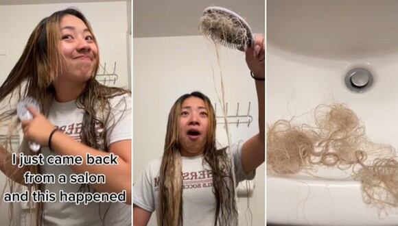 En esta imagen se aprecia a la mujer que pidió que le tiñeran el cabello. Como se lo hicieron mal, se le cayeron mechones. (Foto: @summertoksoflife / TikTok)