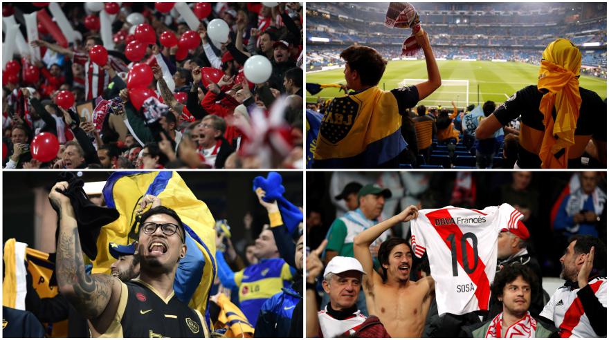 [FOTOGALERÍA] Hinchas de River Plate y Boca Juniors palpitan la gran final de la Copa Libertadores en las tribunas del Santiago Bernabéu.