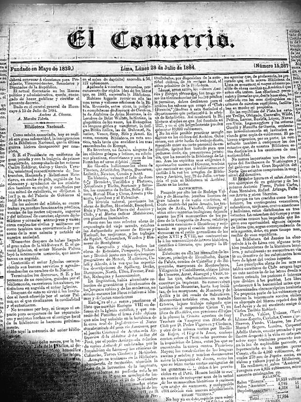 Portada de El Comercio del 28 de julio de 1884. (Foto: Archivo Histórico El Comercio)