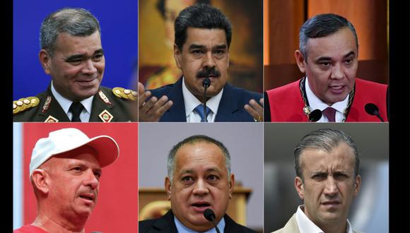 Vladimir Padrino (izquierda superior), Nicolás Maduro (centro superior), Maikel Moreno (Derecha superior, Hugo Carvajal (izquierda inferior), Diosdado Cabello (centro inferior), Tareck El Aissami (derecha inferior).  (Foto: AFP).
