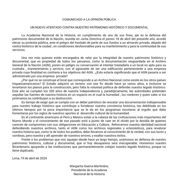 Declaración de Margarita Guerra Mertiniére, presidenta de la Academia Nacional de Historia.