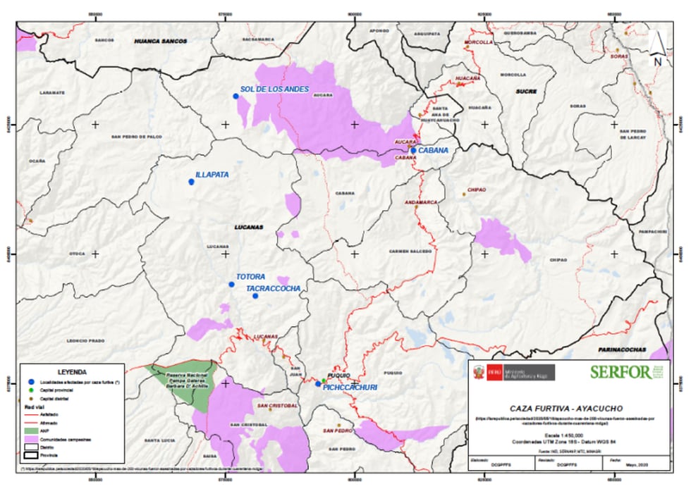 Los espacios sombreados con rosado indican la ubicación de las comunidades campesinas y los puntos azules, las zonas vulnerables a la caza furtiva. Mapa: Serfor.