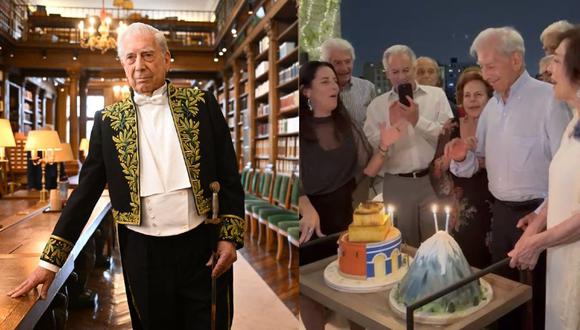 Izq.: Mario Vargas Llosa como miembro de la Academia Francesa. Der.: el Nobel, ayer, celebrando su cumpleaños 88. (Fotos: AFP / Álvaro Vargas Llosa)