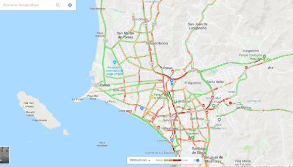 Google Maps anuncia el estado del tráfico con diferentes colores. El verde significa que la vía está libre y la roja que se se encuentra congestionada. (Foto: Google Maps)