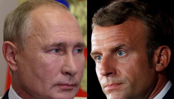 Vladimir Putin y Emmanuel Macron dialogan en medio de tensión máxima sobre Ucrania y el riesgo de una guerra en Europa. (GONZALO FUENTES, MIKHAIL KLIMENTYEV / POOL / SPUTNIK / AFP).