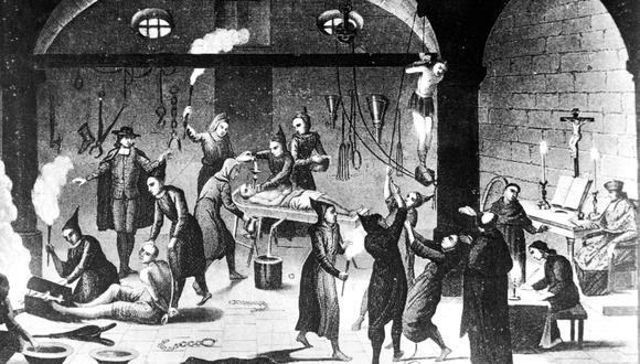 Imagen que data de 1520, aproximadamente, en la que se ve a la Inquisición española torturando a un grupo de protestantes.