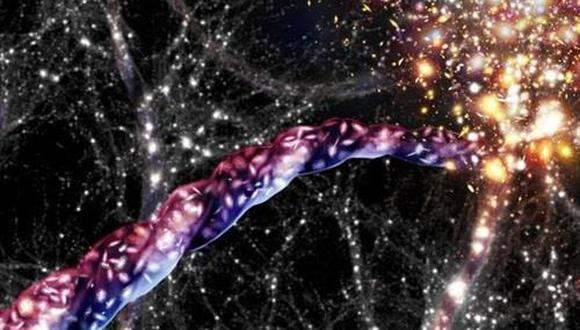 Impresión artística de los filamentos cósmicos: enormes puentes de galaxias y materia oscura conectan cúmulos de galaxias entre sí. (AIP/ A. KHALATYAN/ J. FOHLMEISTER)