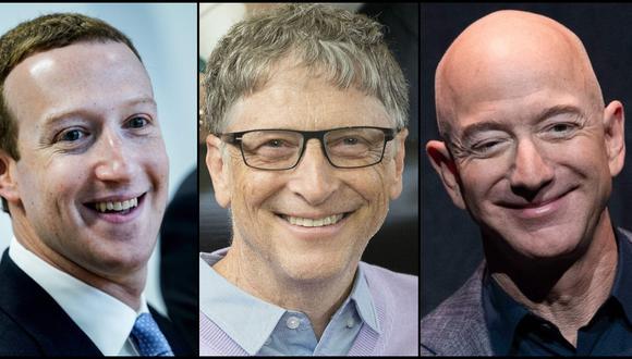 Mark Zuckerberg (izquierda), Bill Gates (centro) y Jeff Bezos están entre las 10 personas más ricas del mundo. (Fotos: AFP / Kenzo TRIBOUILLARD, AFP / SAUL LOEB, Daniel Acker/Bloomberg).