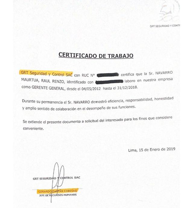 Este el certificado de trabajo que presentó Renzo Navarro y que firmó Gerardo Farfán, quien fue contratado en la municipalidad como subgerente. (Foto: El Comercio)