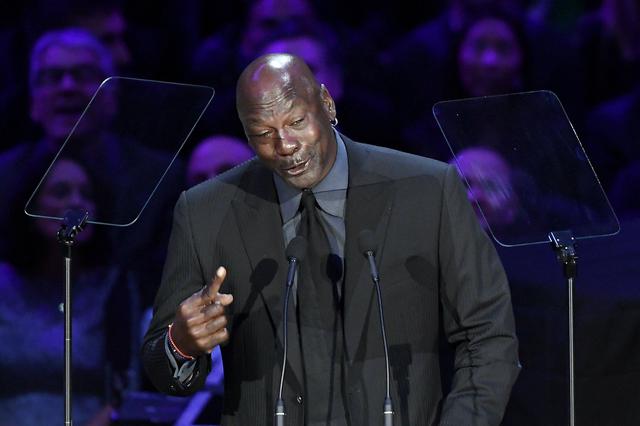 LOS ANGELES, CALIFORNIA - FEBRUARY 24: Michael Jordan speaks during The Celebration of Life for Kobe & Gianna Bryant at Staples Center on February 24, 2020 in Los Angeles, California.   Kevork Djansezian/Getty Images/AFP