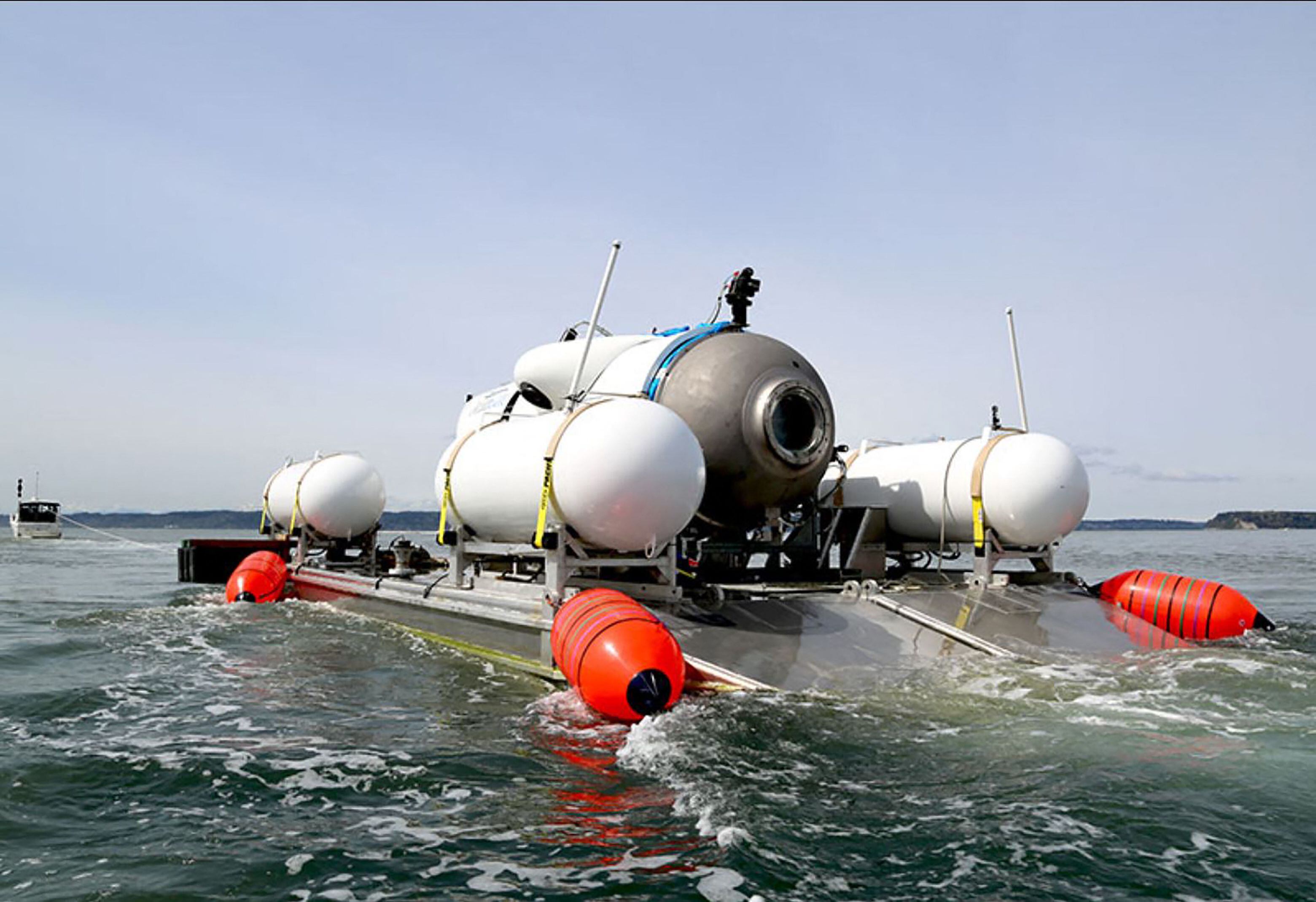 This undated image courtesy of OceanGate Expeditions shows their Titan submersible being towed to a dive site in Everett, Washington.  (AFP).