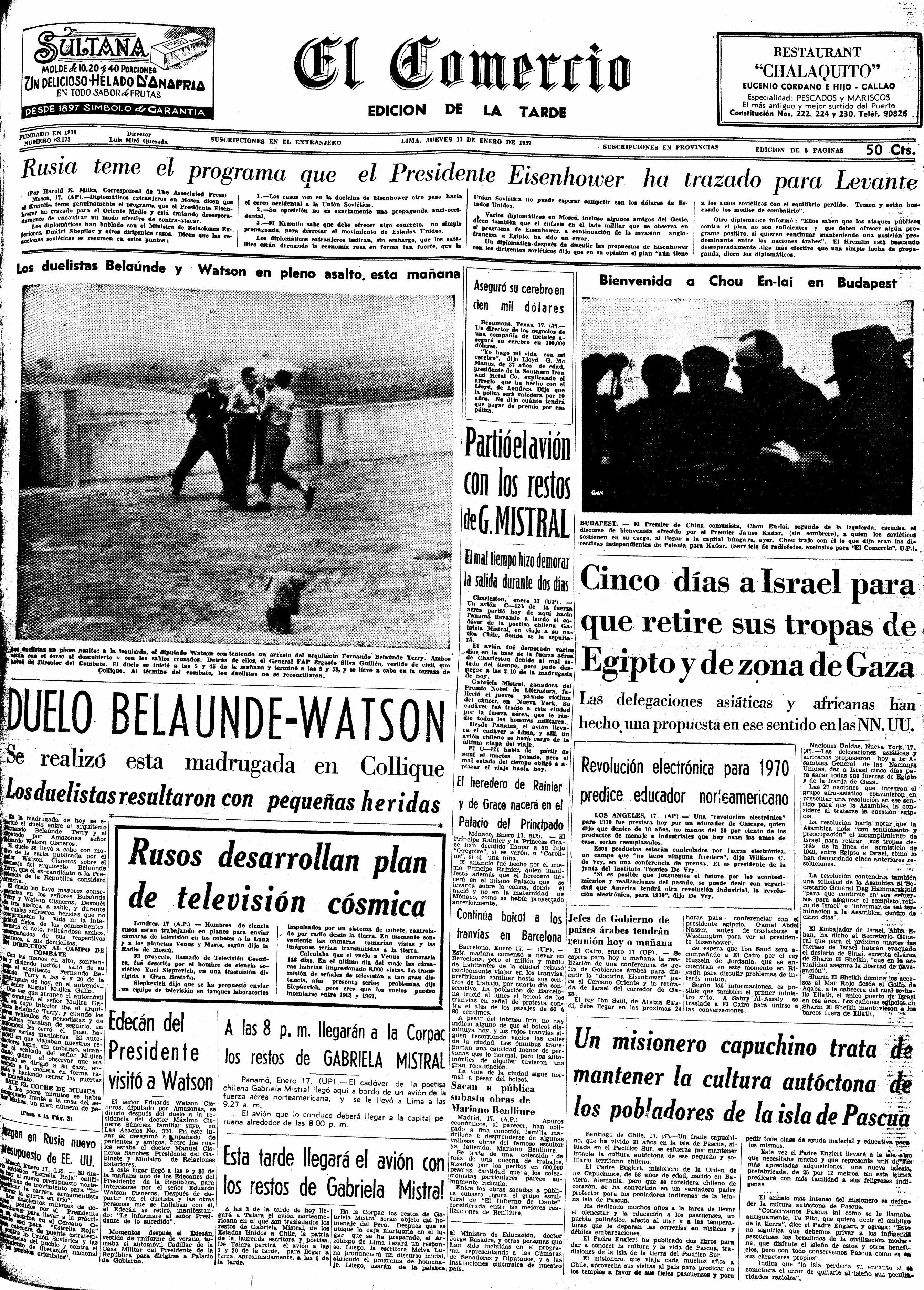 "Duelo Belaunde-Watson", tituló El Comercio en portada la crónica periodística sobre el lance entre ambos. (Fuente: Archivo Histórico El Comercio)