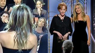Captan gesto de Angelina durante presentación de Aniston en Globos de Oro