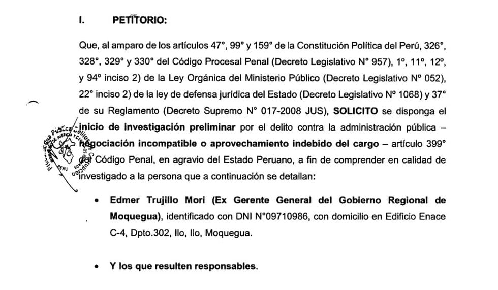 Solicitud del procurador anticorrupción Amado Enco presentada a la fiscalía provincial especializada en delitos de corrupción de Moquegua.