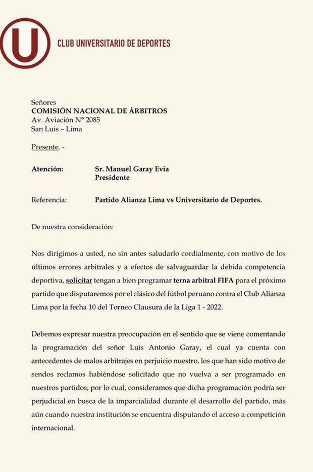 Carta de Universitario de Deportes sobre posible designación de Luis Garay para el clásico.