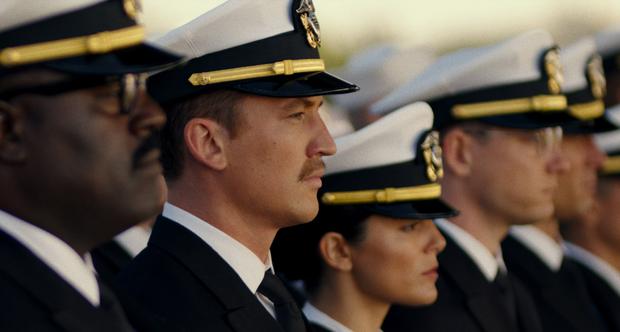 From left to right: Bashir Salahuddin, Miles Teller, Monica Barbaro and Lewis Pullman in "Top Gun: Maverick"