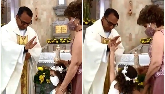 Se volvió viral en Internet el inocente gesto de una niña que le chocó la mano a un cura mientras la bendice durante una misa. (Foto: Un Nuevo Día / Facebook)
