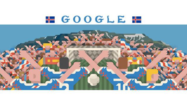 Foto 4 | El doodle para Islandia fue creado por Siggi Eggertsson. El arte es una representación de la unión del país rodeado de volcanes en torno a un arco de fútbol mientras se realiza el canto vikingo que se uso de celebración durante la participación de Islandia en la Eurocopa, y vitoreado al regreso de los jugadores tras esta competencia cuando fueron recibidos como héroes. (Foto: Google)
