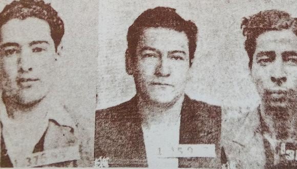 Luis D'Unián Dulanto, alias 'Tatán', al extremo izquierdo de la imagen, fue un delincuente avezado desde muy joven. Fue cabecilla de una banda de asaltantes que causaron terror en Lima y el resto del Perú en los años 40 y 50. A su costado, dos de sus compinches con los que fue detenido en la frontera norte. (Foto: GEC Archivo Histórico)