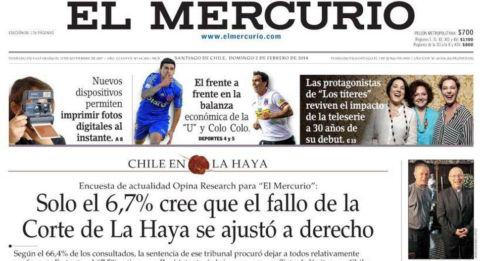 La portada de El Mercurio con la encuesta.