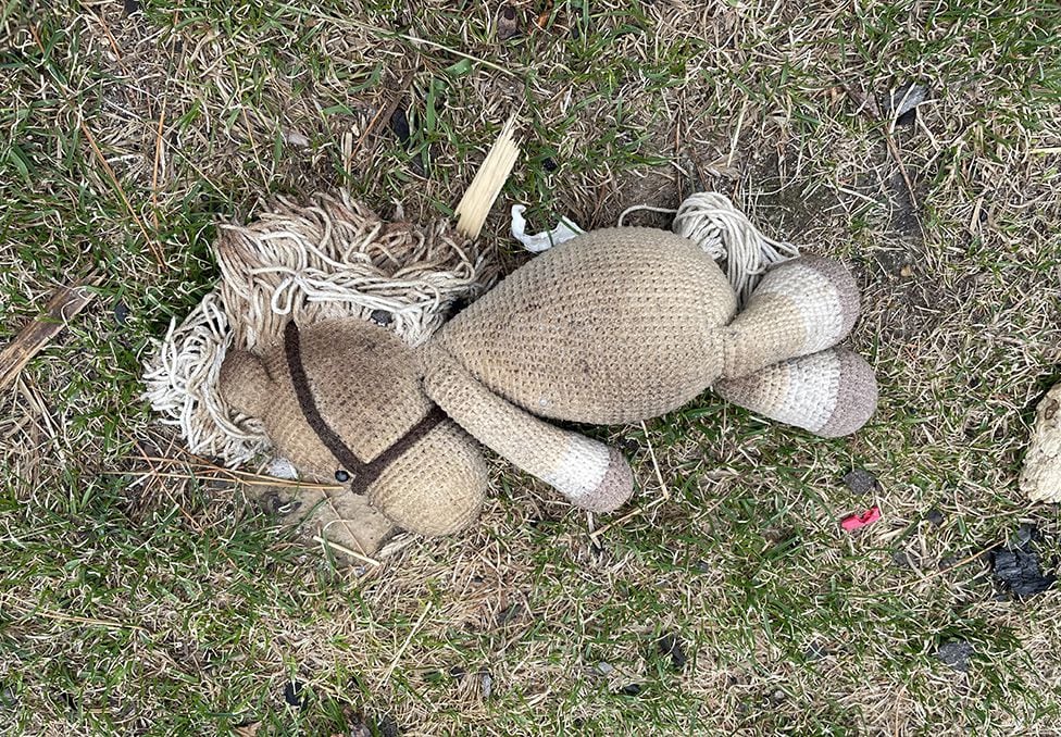 A child's toy lies on the grounds of the burned family home.