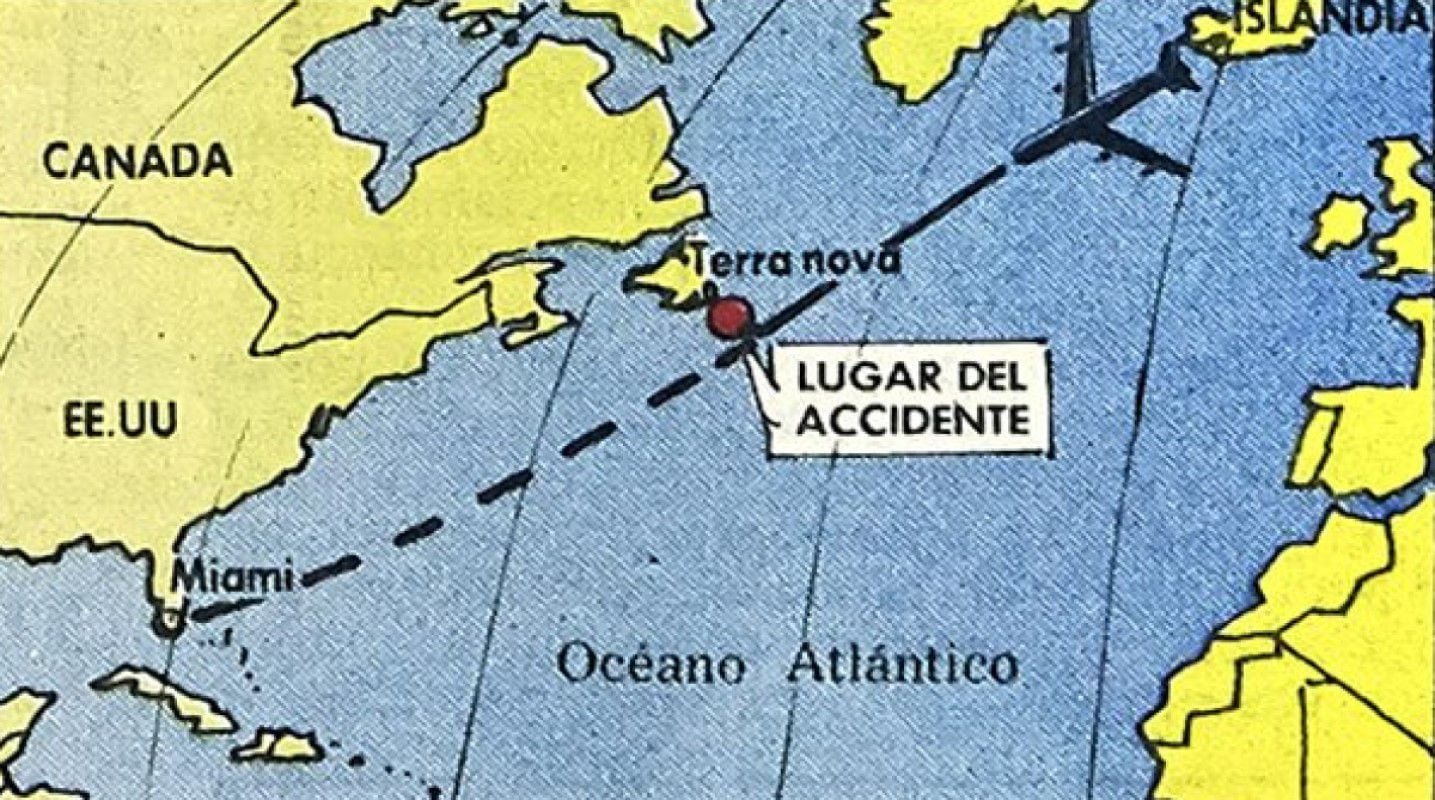 Map showing the area in the Atlantic Ocean where Faucett's Boeing 727 would have crashed, off Newfoundland (Canada).  (Photo-infographic: GEC Historical Archive)