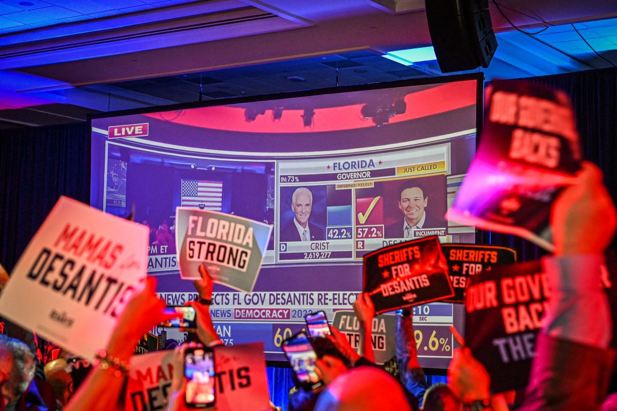 Supporters of Florida Republican gubernatorial candidate Ron DeSantis applaud as they watch live election results.  (Giorgio VIERA / AFP).