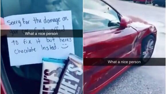 Deja una nota y dos chocolates en el parabrisas de un auto tras chocar con él: "Perdón por los daños". (Foto: @isanaguy)
