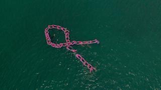 Nadadoras que vencieron el cáncer de mama forman increíble lazo rosado en el mar |  FOTOS