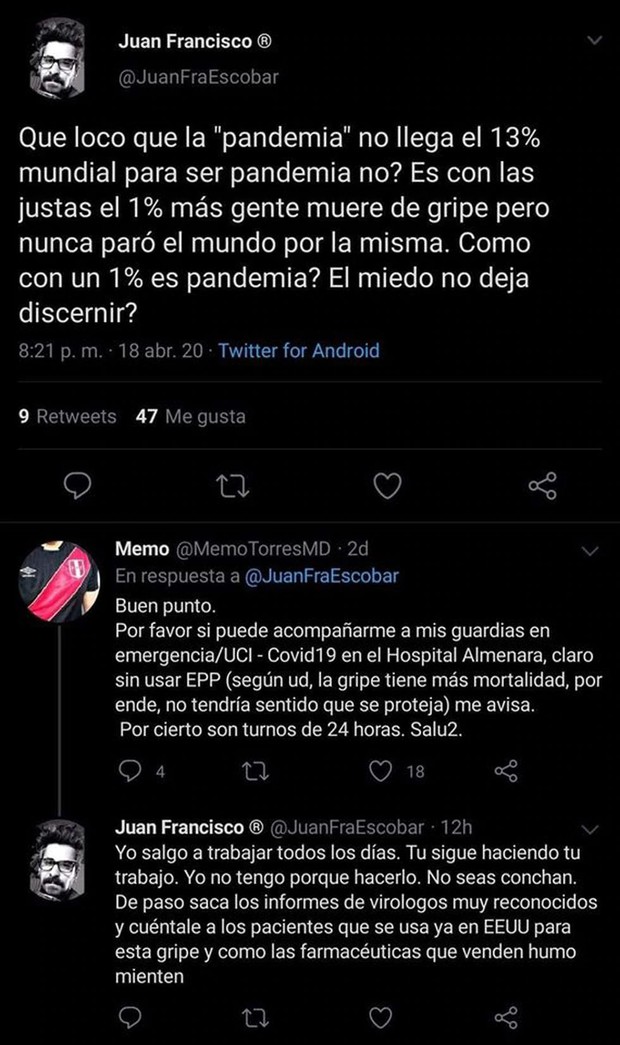 Juan Francisco Escobar criticado por su posición sobre el coronavirus. (Foto: Twitter| @JuanFraEscobar)