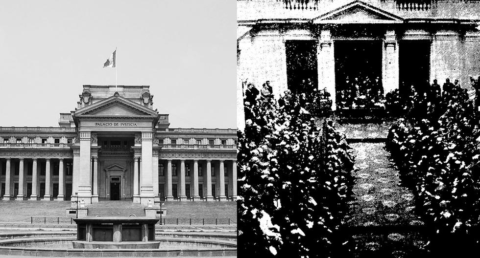 Fachada del Palacio de Justicia en Lima, sin cúpula, como siempre se ha mostrado al público peruano. A su lado, la ceremonia de su inauguración, el 5 de diciembre de 1939. (Foto: GEC Archivo Histórico)