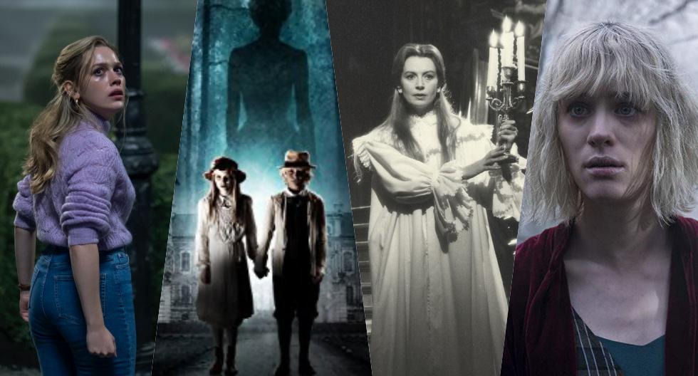 De izquierda a derecha: Victoria Pedretti en una escena de “La maldición de Bly Manor” (2020), el afiche de "Ghost Story: The Turn of the Screw "de 2009, Deborah Kerr en "The Innocents" de 1961 y Mackenzie Davis en "Otra vuelta de tuerca" de 2020.