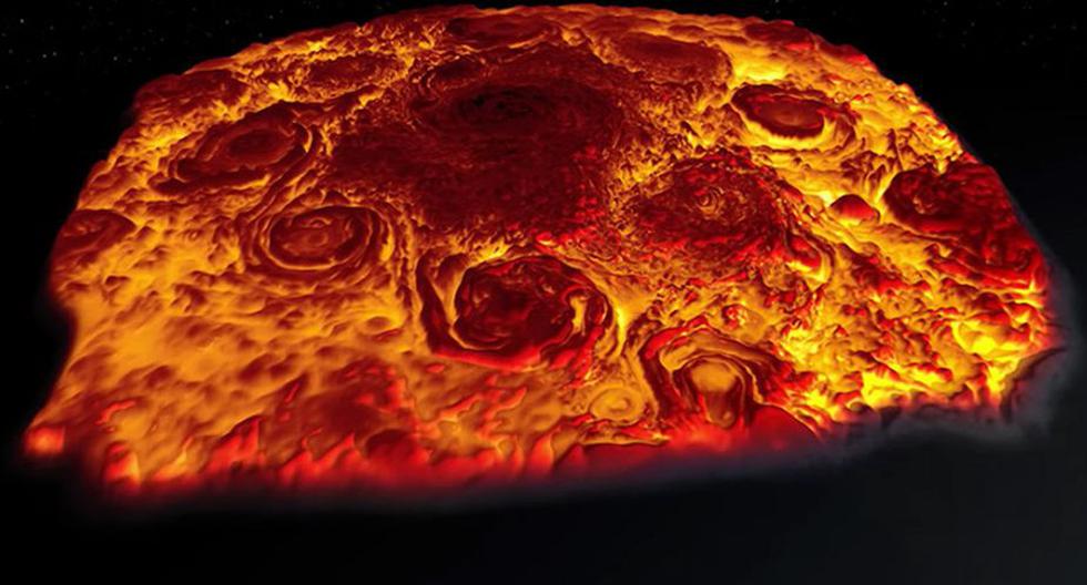 Este espectacular vuelo en 3D por encima de Júpiter  se logró con de imágenes Jiram que se encuentra a bordo de la sonda Juno. (Foto: NASA)
