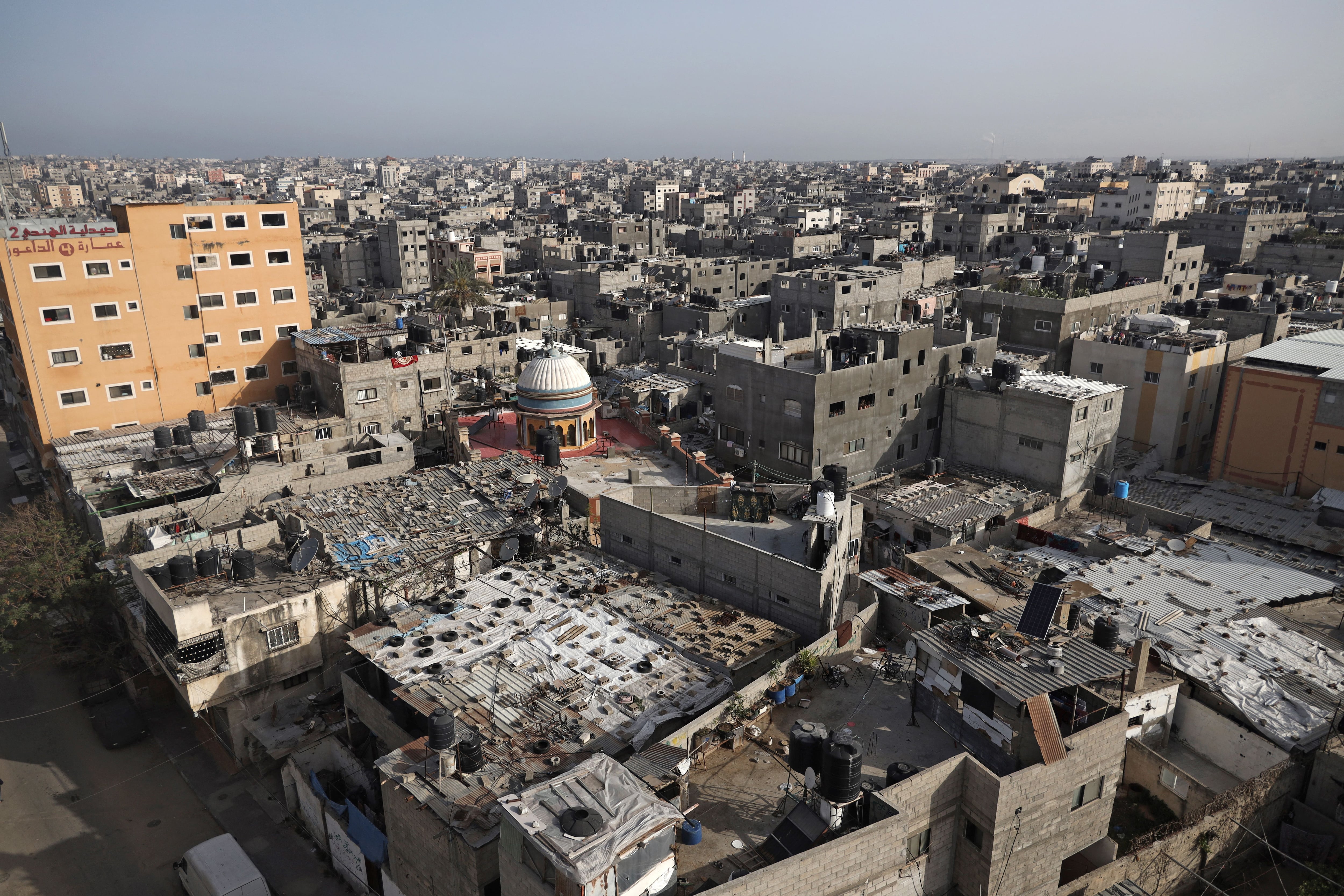 An image shows Palestinian houses and buildings in the Jabalia refugee camp, north of the Gaza Strip, on April 8, 2021. (MOHAMMED ABED/AFP).